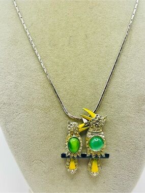 Green & Yellow Rhinestone and Enamel Bird Duo Pendant Necklace. 18KRGP. 19 inch